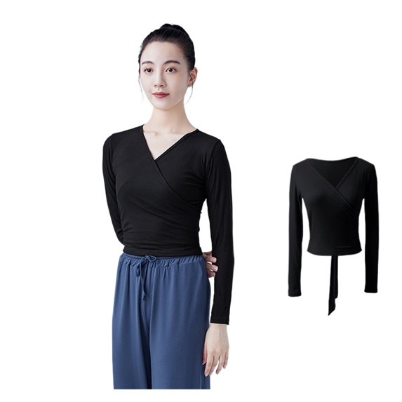 Woman Ballet Wrap Tops Knitted Long Sleeve Dance Shirts Bandage Tops Adults Dancewear Training Tops