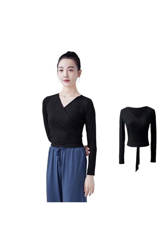 Woman Ballet Wrap Tops Knitted Long Sleeve Dance Shirts Bandage Tops Adults Dancewear Training Tops