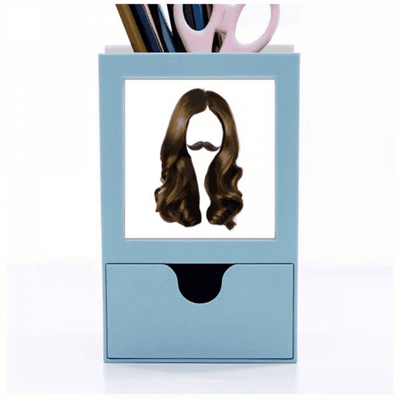 Woman Beard Wavy Hair Art Deco Fashion Desk Supplies Organizer Pen Holder Card