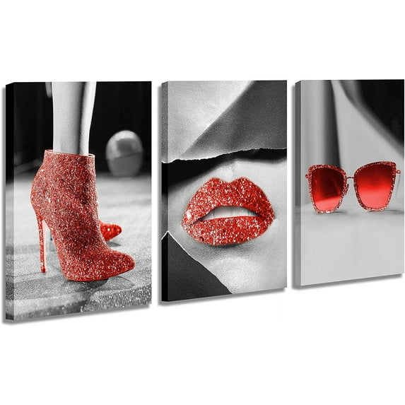 Woman Bedroom Decor Wall Art, Red Lips Fashion High Heels and Sunglasses Pictures on Canvas, Modern Sexy Artwork Painting for Black and White Bathroom 12x16 Set of 3