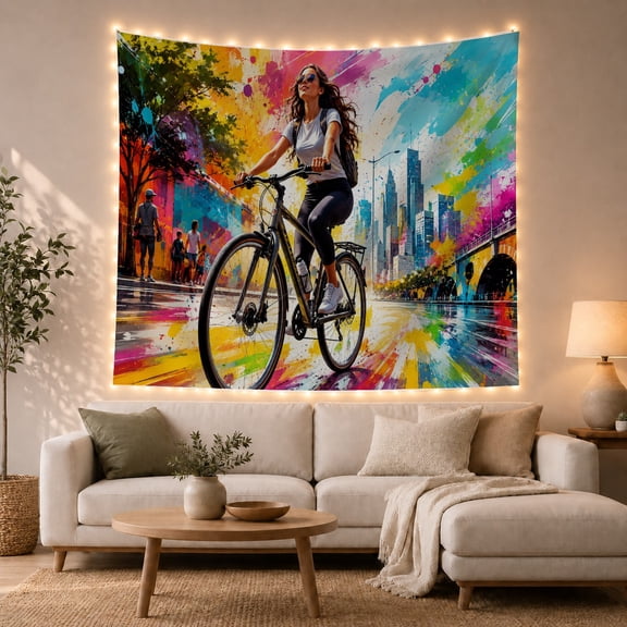 Woman on Bicycle Against Cityscape, Energetic Watercolor for Cycling Enthusiasts, Urban Art Decor, Birthday Gift, Tapestry Wall Hanging for Bedroom and Living Room