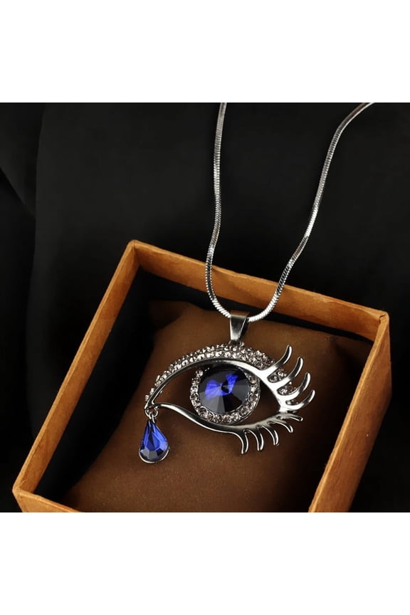 Woman Blue Evil Eye Crystal Rhinestone Teardrop Pendant Chain Necklace AL