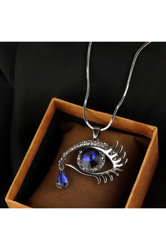 Woman Blue Evil Eye Crystal Rhinestone Teardrop Pendant Chain Necklace WA