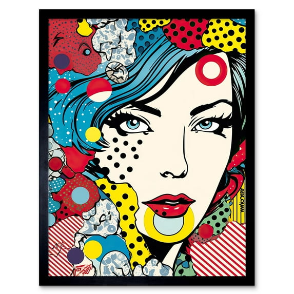 Woman Blue Eyes Abstract Comic Book Style Portrait Pop Art Bedroom Decor Teen Halftone Art Print Framed Poster Wall Decor 12x16 inch