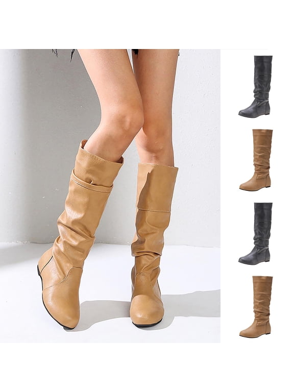 Woman Boots Cameland Women's Versatile Plus-Size Solid Color Pleated Comfortable Low-Heeled Mid-Calf Boots Gray