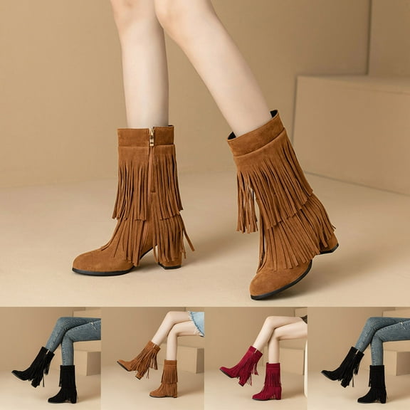 Woman Boots Chunky Mid Heel Round Toe Side Zipper Mid Calf Booties Fashion Casual Versatile Warm Fall Winter Comfortable Shoes for Women Brown 7