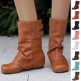 thumbnail image 1 of Woman Boots Flat Heel Round Toe Lace-Up Mid Calf Women's Flats Boots Fashion Casual Versatile Warm Fall Winter Comfortable Shoes for Women Yellow 5.5, 1 of 10