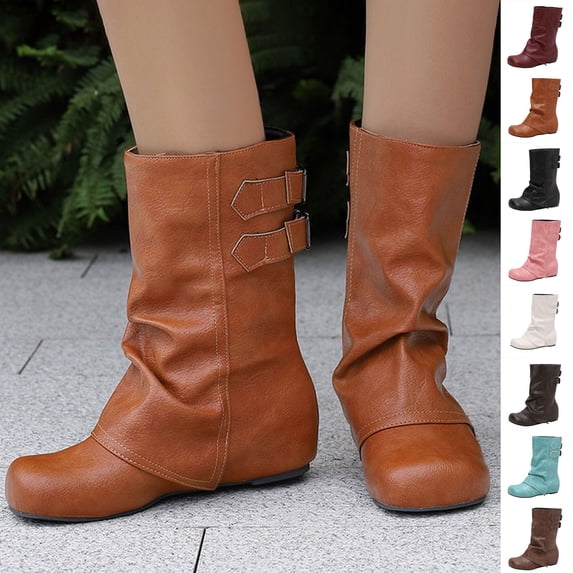 Woman Boots Flat Heel Round Toe Lace-Up Mid Calf Women's Flats Boots Fashion Casual Versatile Warm Fall Winter Comfortable Shoes for Women Yellow 5.5