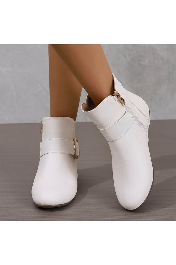 Woman Boots Flat Heel Round Toe Side Zipper Short Boots Casual Solid Color Versatile Womens Winter Shoes White 5.5
