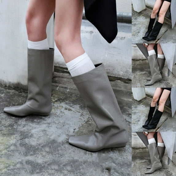 Woman Boots Flat Heel Square Toe Mid Calf Booties Fashion Casual Solid Color Comfortable Fall Winter Warm Shoes for Women Gray 6.5