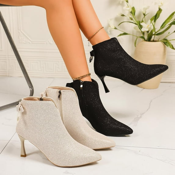 Woman Boots Kitten Heel Thick Velvet Pointy Toe Ankle Booties with Zipper Women Fashion Casual Comfortable Versatile Solid Color Fall Winter Shoes Black 8.5