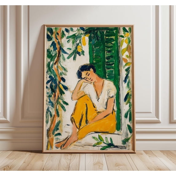 Woman By Green Window Figurative Poster, Stretched Canvas 12x16in
