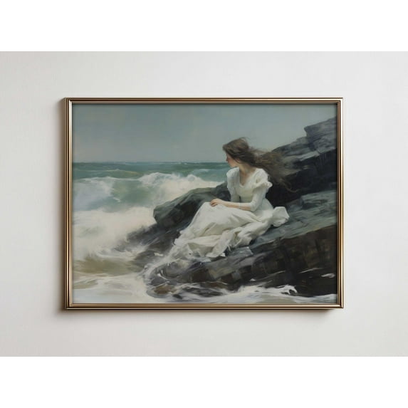 Woman By The Sea Print, Vintage Coastal Home Decor #2797, 24x36 UNFRAMED