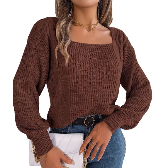 Woman Cable Knit Drop Shoulder Sleeve Sweater Pure Color Long Sleeve Fashion Leisure Pullover Sweater Coffee M