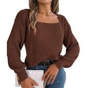 Woman Cable Knit Drop Shoulder Sleeve Sweater Pure Color Long Sleeve Fashion Leisure Pullover Sweater Coffee S