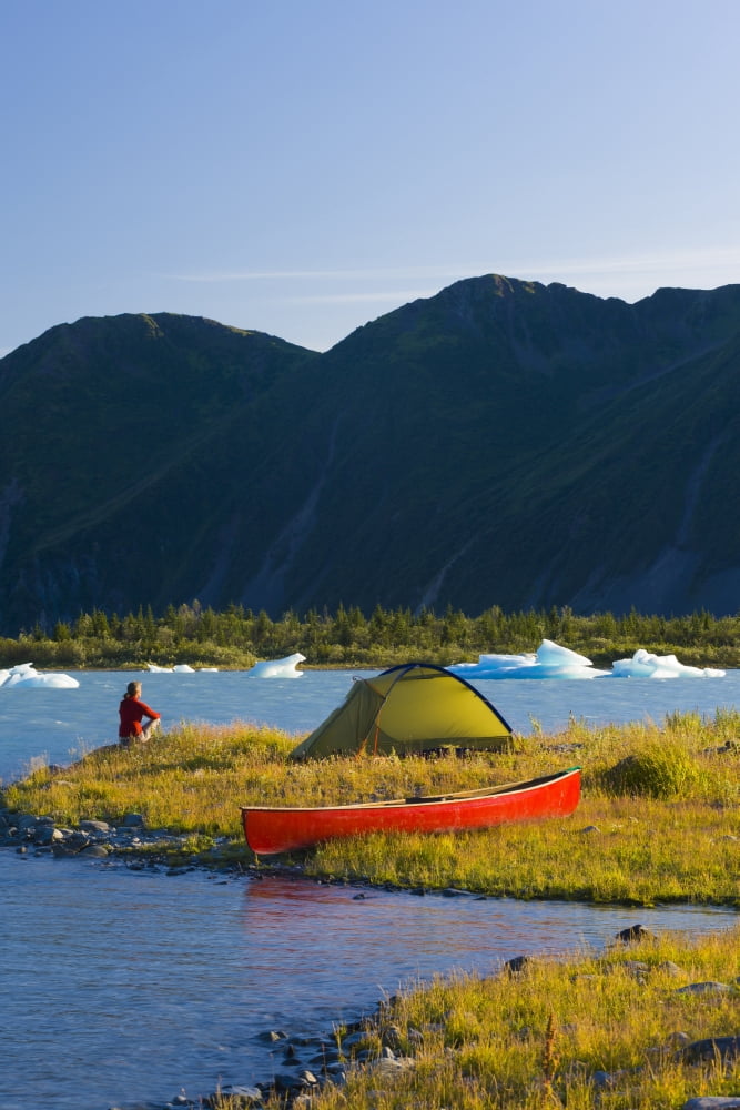 Woman Camping On An Island Via Canoe On Bear Glacier Lake Kenai Fjords National Park Kenai Peninsula Southcentral Alaska Summer Canvas Art - Michael DeYoung Design Pics (11 x 17)