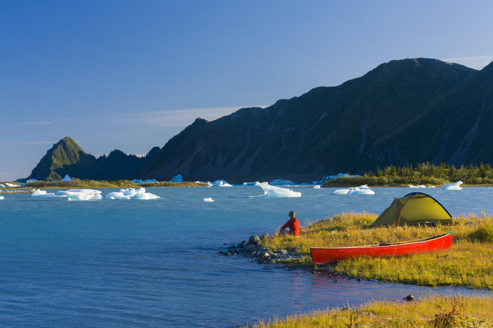 Woman Camping On An Island Via Canoe On Bear Glacier Lake Kenai Fjords National Park Kenai Peninsula Southcentral Alaska Summer Canvas Art - Michael DeYoung Design Pics (34 x 22)