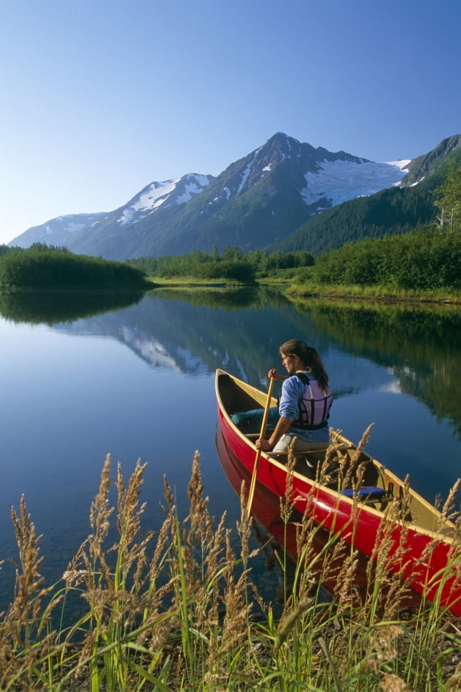 Woman Canoeing In Moose Ponds Near Explorer Glacier Canvas Art - Michael DeYoung Design Pics (22 x 34)