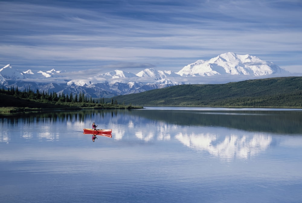 Woman Canoeing In Wonder Lake Denali Np Alaska Canvas Art - Michael DeYoung Design Pics (17 x 11)