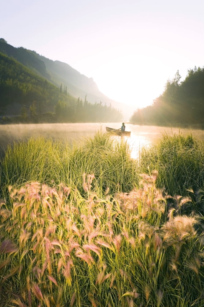 Woman Canoeing On Long Lake In Early Morning Chugach National Forest & Matanuska Valley Alaska Canvas Art - Michael DeYoung Design Pics (11 x 17)