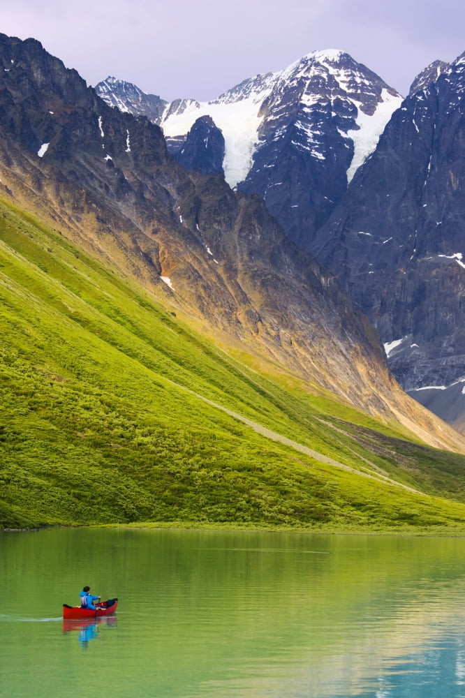 Woman Canoeing In Portable Canoe On Turquoise Lake At Lake Clark National Park Southcentral Alaska Summer Canvas Art - Michael DeYoung Design Pics (22 x 34)
