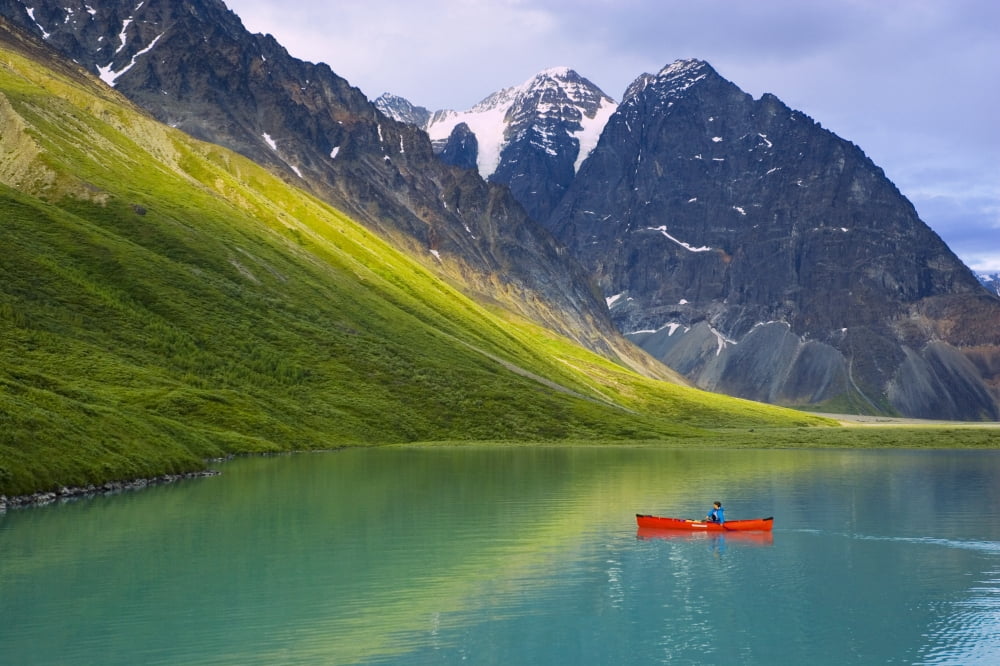 Woman Canoeing In Portable Canoe On Turquoise Lake At Lake Clark National Park Southcentral Alaska Summer Canvas Art - Michael DeYoung Design Pics (34 x 22)