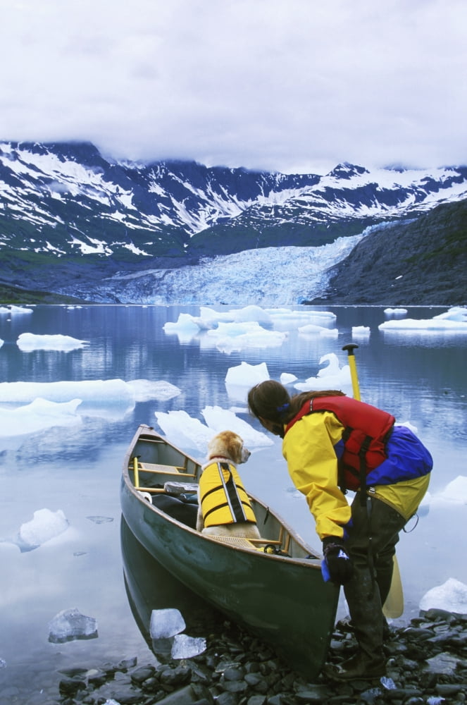 Woman Canoeing WDog Shoup Bay Pws Alaska Summer Canvas Art - Michael DeYoung Design Pics (11 x 17)