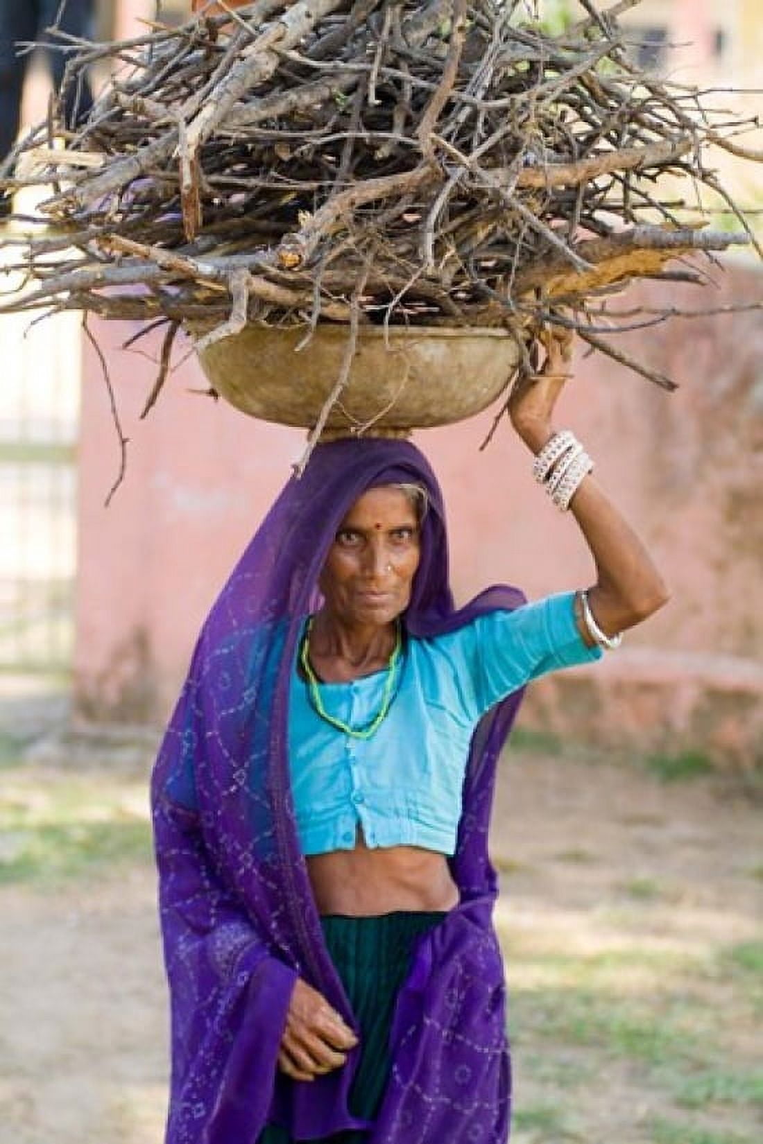 Woman Carrying Firewood on Head in Jungle of Ranthambore National Park Rajasthan India Canvas Art - Bill Bachmann DanitaDelimont (25 x 37)
