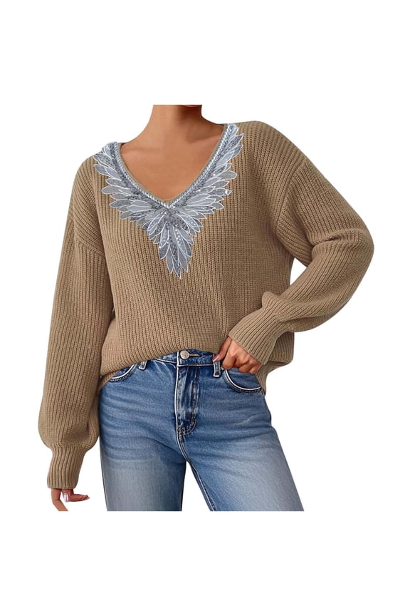 Woman Casual Spliced Sweaters Wing V Neck Pullover Long Lantern Sleeve Knit Sweater