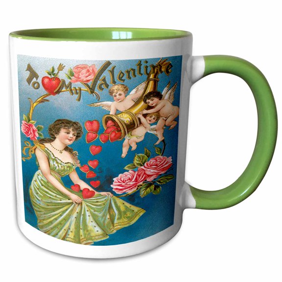 3drose, Woman Catching Hearts from Cupids Cornucopia, 11oz Two-tone Green Mug