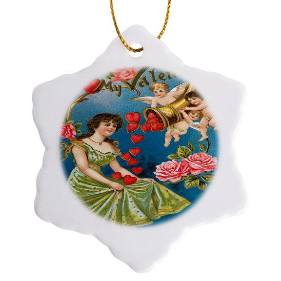 3drose, Woman Catching Hearts from Cupids Cornucopia, 3 inch Snowflake Porcelain Ornament