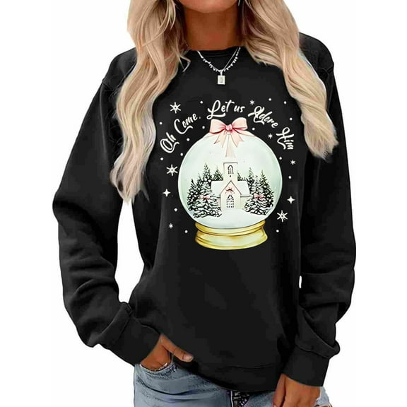 Woman Christmas Christian Shirt O Come Let Us Adore Him Graphic Sweatshirt Casual Long Sleeve Top