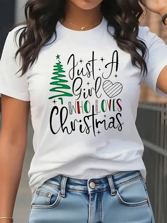 Woman Christmas Shirt Christmas Elements Graphic T-Shirt Casual Short Sleeve White Top