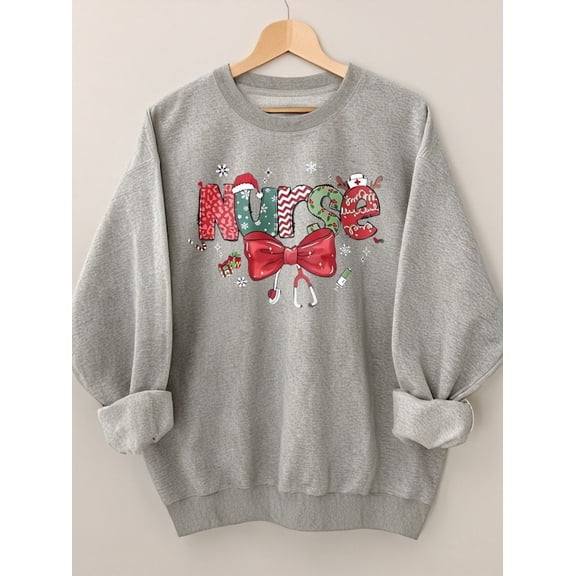 Woman Christmas Shirt Christmas Nurse Graphic Sweatshirt Casual Long Sleeve Top