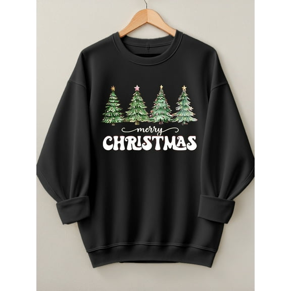 Woman Christmas Shirt Christmas Tree Graphic Sweatshirt Casual Long Sleeve Black Top