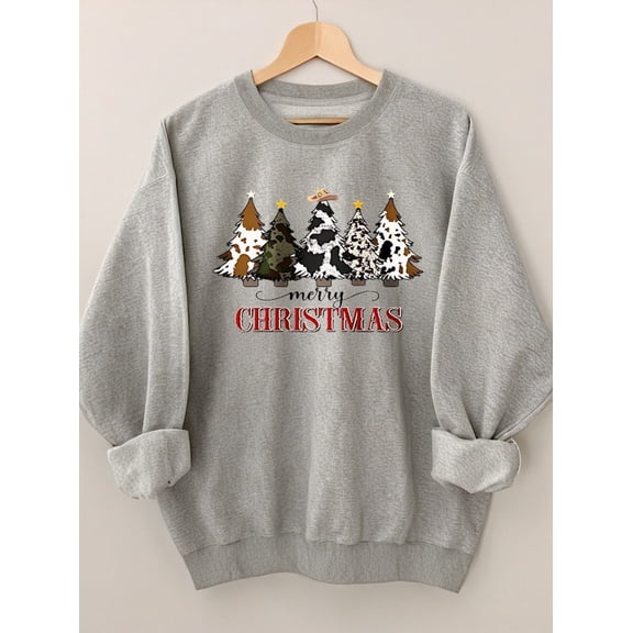 Woman Christmas Shirt Cowboy Christmas Tree Graphic Sweatshirt Casual Long Sleeve Top