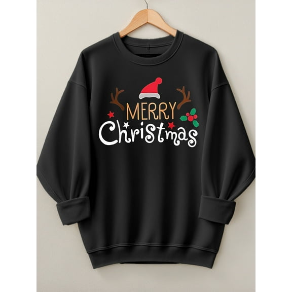 Woman Christmas Shirt Merry Christmas Graphic Sweatshirt Casual Long Sleeve Black Top