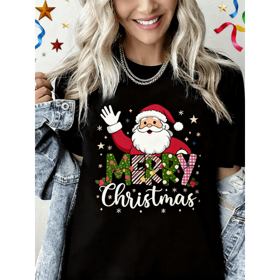 Woman Christmas Shirt Merry Christmas Graphic T-Shirt Casual Short Sleeve Black Top