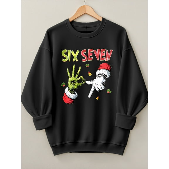 Woman Christmas Shirt Six Seven Graphic Sweatshirt Casual Long Sleeve Top