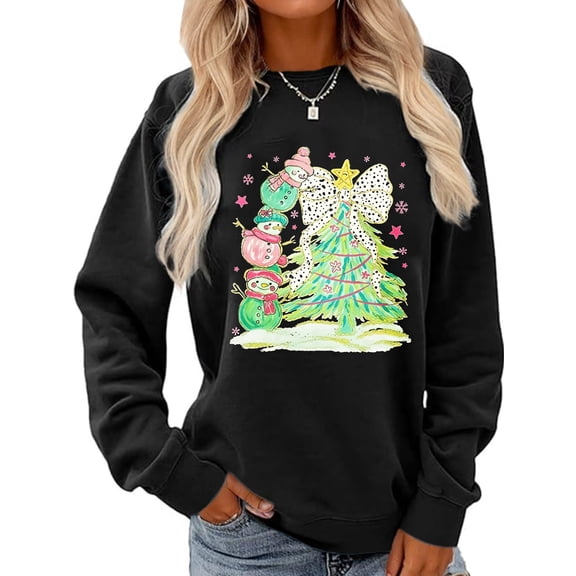 Woman Christmas Sweatshirt Christmas Tree and Snowman Graphic Shirt Casual Loose Long Sleeve Black Top