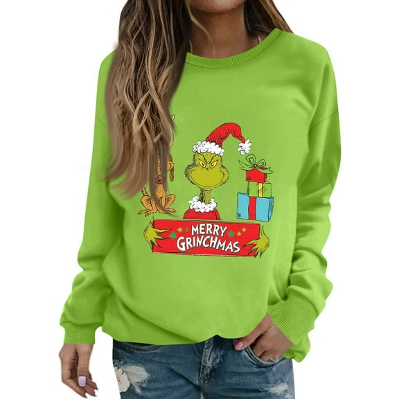 Woman Christmas Sweatshirt Funny Christmas Tree Xmas Cute Graphic Long Sleeve Pullover Green Medium