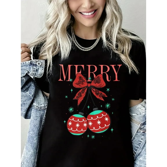 Woman Christmas T-Shirt Christmas Gift Graphic Shirt Casual Loose Short Sleeve Black Top