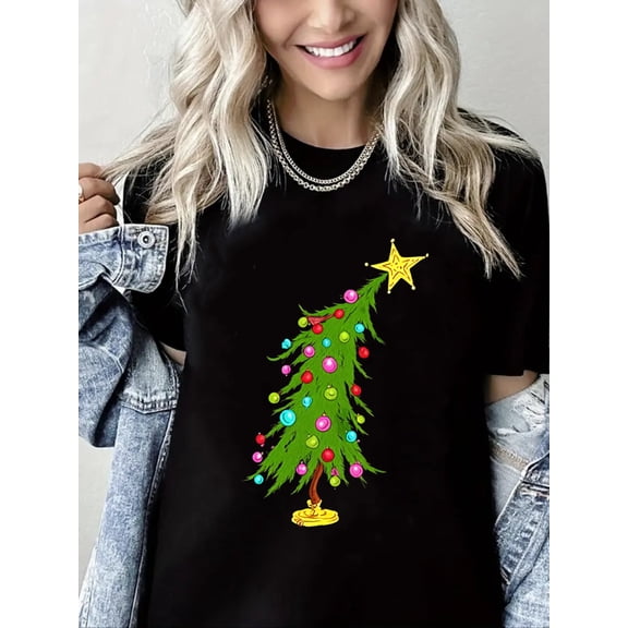Woman Christmas Tshirt Christmas Tree Graphic Shirt Casual Crewneck Short Sleeve Black Top