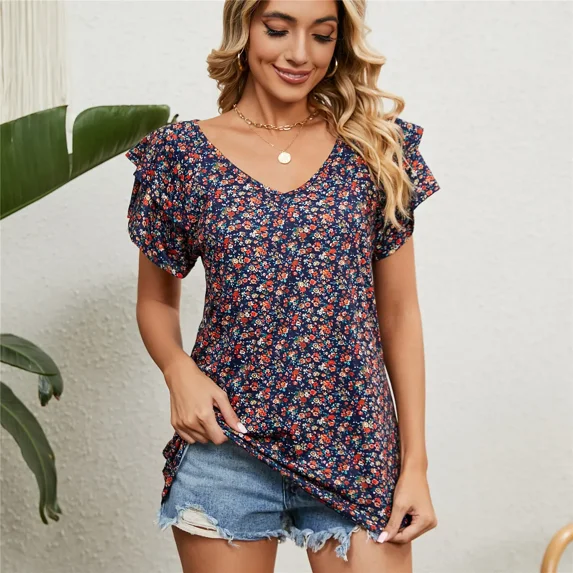 Woman Clothing T-shirt Women's Floral Tops Tees Cute Chiffon Blouse T Shirt Short Butterfly Sleeve Female Clothes for Women