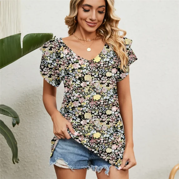 New Woman Clothing T-shirt Women's Floral Tops Tees Cute Chiffon Blouse T Shirt Short Butterfly Sleeve Female Clothes for Women