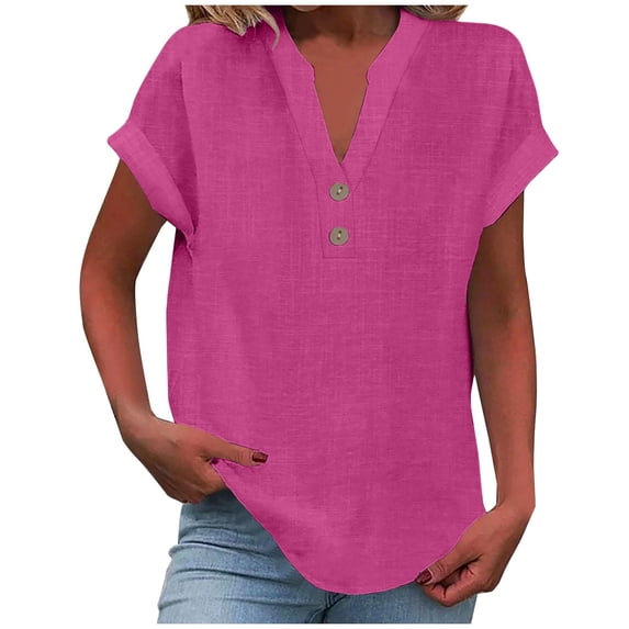 Woman Cotton Linen Solid Blouses Cap Sleeve Button V Neck Casual Loose Shirts Comfortable Business Work Tops