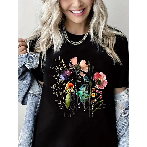 Woman Crew Neck T-Shirt Bohemian Floral Graphic Shirt Pure Cotton Casual Short Sleeve Top