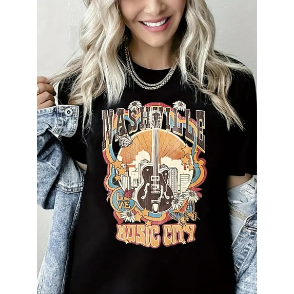 Woman Crew Neck T-Shirt Vintage Guitar Wings Graphic Shirt Pure Cotton Casual Short Sleeve Top