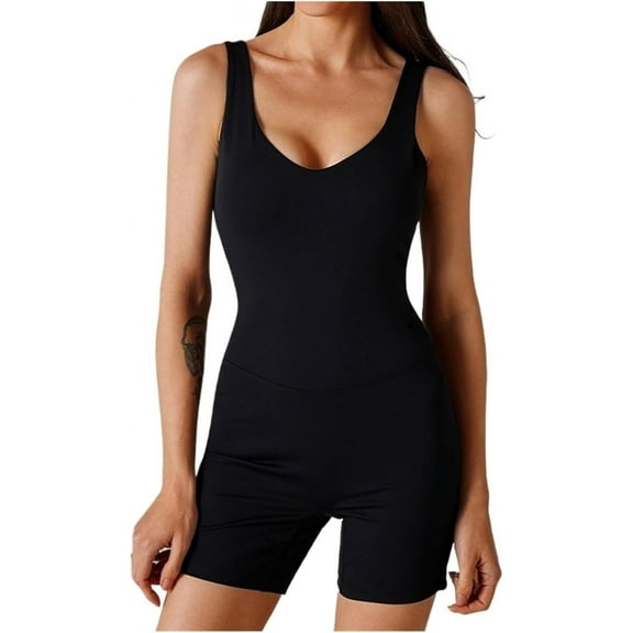 Woman Deep-V Neck Sleeveless Sports Jumpsuit Detachable Chest Cushion Yoga One Piece Fitness Overalls(Light Blue,M - 6)