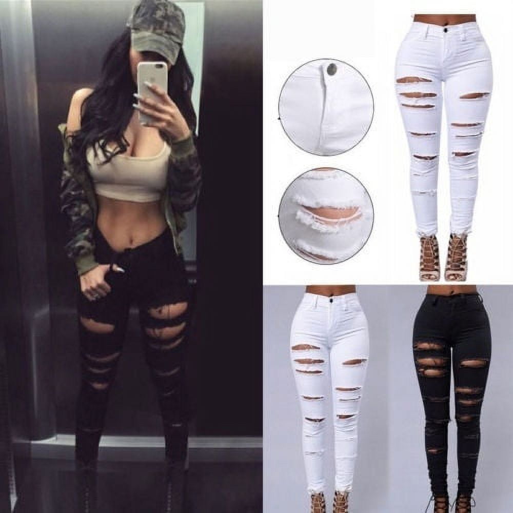 Woman Denim High Waist Skinny Jeans Distressed Jeggings Trousers Stretch  Ripped Hole denim pants